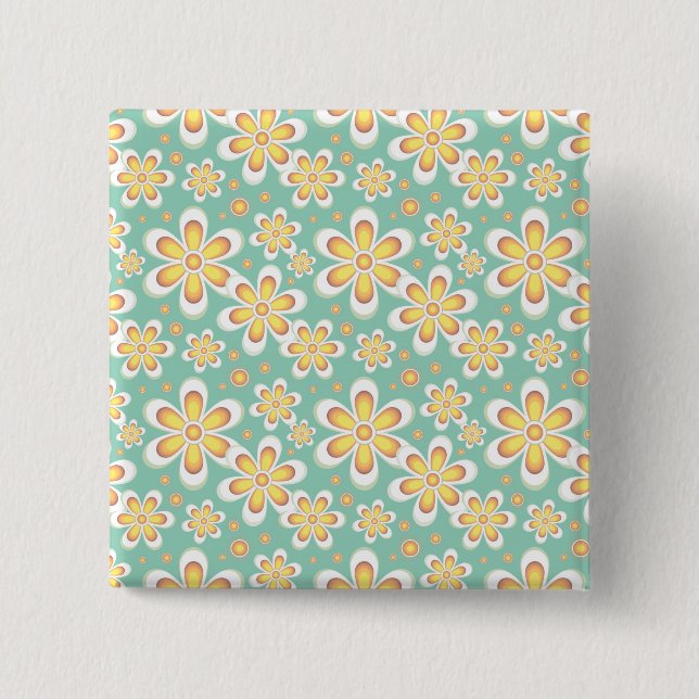 Yellow Floral Pattern 2 Inch Square Button (Front)