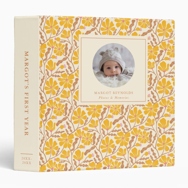 Yellow Floral Pattern Baby Photo Album Binder (Front/Spine)