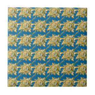 Yellow Floral Pattern on green blue background Tile