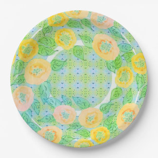 Yellow Floral Patterned Round Paper Plate