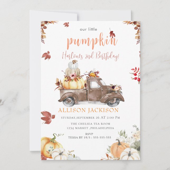 Yellow Floral Pumpkin Harvest Truck Welcome Sign Invitation (Front)