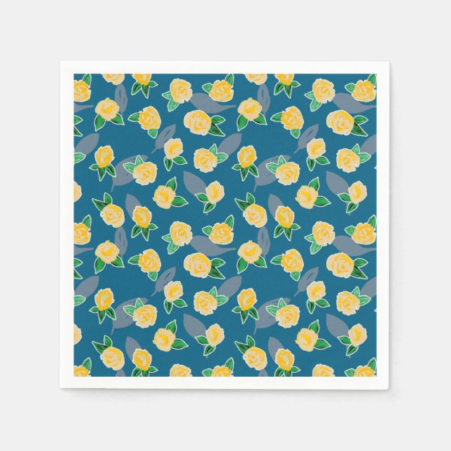 Yellow Floral Rose on blue Napkin (Front)