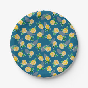 Yellow Floral Rose on blue Paper Plate