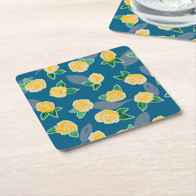 Yellow Floral Rose on blue Square Paper Coaster (Angled)