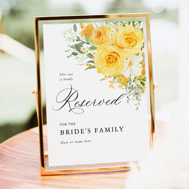 Yellow Floral Rose Reserved Seat Sign 5x7 (Yellow rose floral reserved wedding sign, elegant reserved seating sign, yellow wedding stationery)