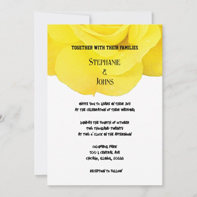 Yellow Floral Rose Trendy Black White Cute Wedding Invitation (Front)