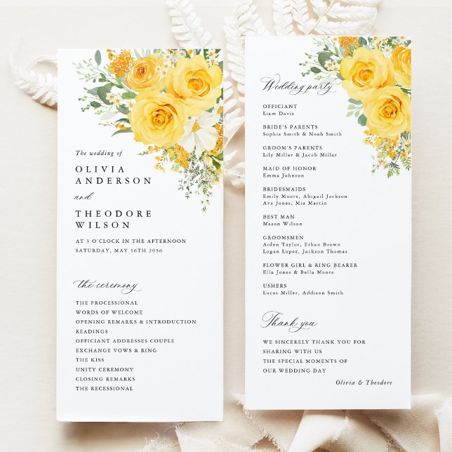 Yellow Floral Rose Wedding Ceremony Program (Yellow rose floral wedding program card, watercolor garden, elegant wedding ceremony program)