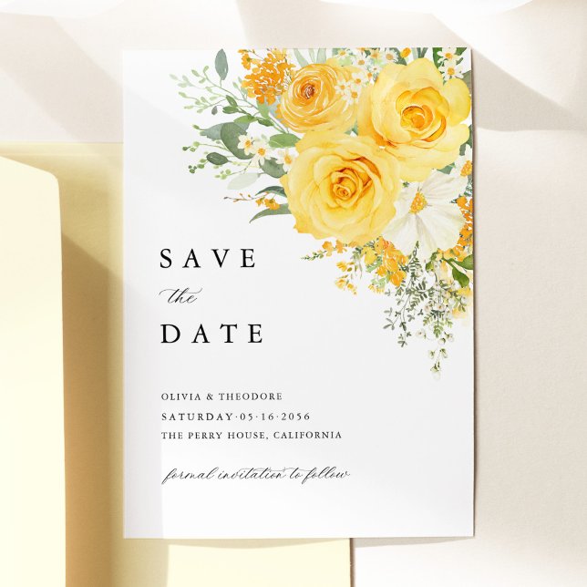 Yellow Floral Rose Wedding Save the Date (Yellow floral wedding save the date card, watercolor yellow rose garden romantic wedding stationery )