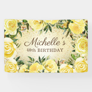 Yellow Floral Roses Gold Glitter 40th Birthday Banner