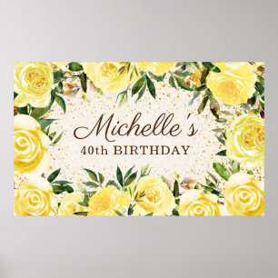 Yellow Floral Roses Gold Glitter 40th Birthday Poster
