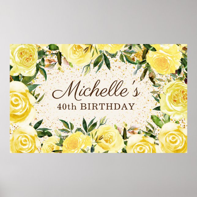 Yellow Floral Roses Gold Glitter 40th Birthday Poster (Front)