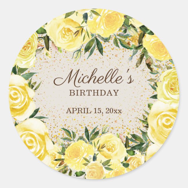 Yellow Floral Roses Gold Glitter Birthday Name Classic Round Sticker (Front)