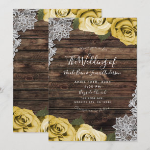 Yellow Floral Roses & Rustic Wood Lace Wedding Invitation
