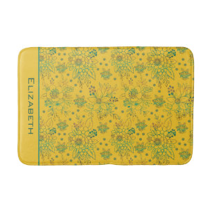 Yellow floral seamless pattern personalized name bath mat