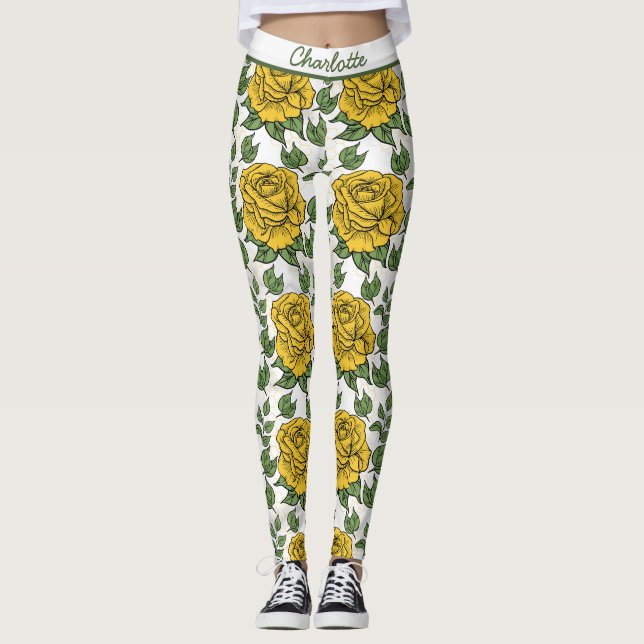 Yellow floral seamless pattern personalized name leggings (Front)