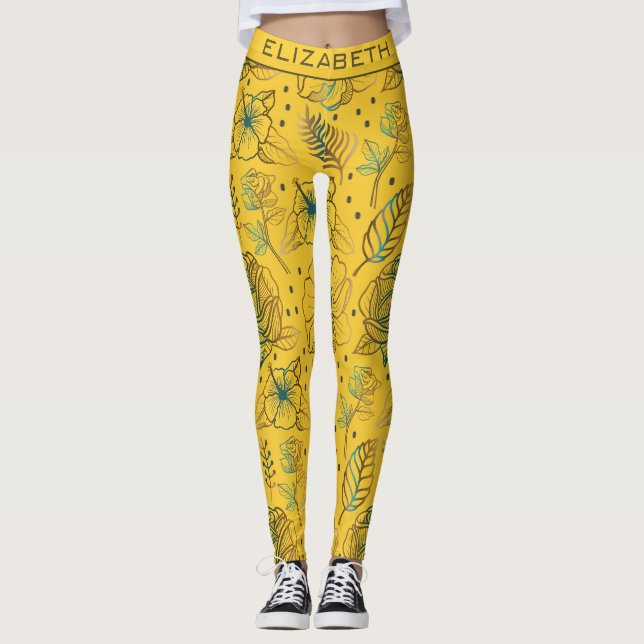 Yellow floral seamless pattern personalized name leggings (Front)