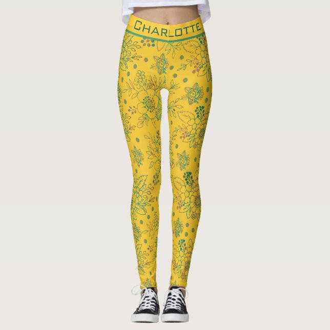Yellow floral seamless pattern personalized name  leggings (Front)