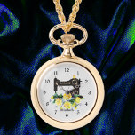 Yellow Floral Sewing Machine Necklace Watch<br><div class="desc">This pretty sewing themed necklace watch is ready to be personalized with her name or monogram. Printed with a black vintage style sewing machine accented with a lavish bouquet of yellow pastel watercolor flowers. Just edit the name text in the "personalize it" button. Your choice of gold tone or silver...</div>