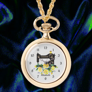Yellow Floral Sewing Machine Necklace Watch 