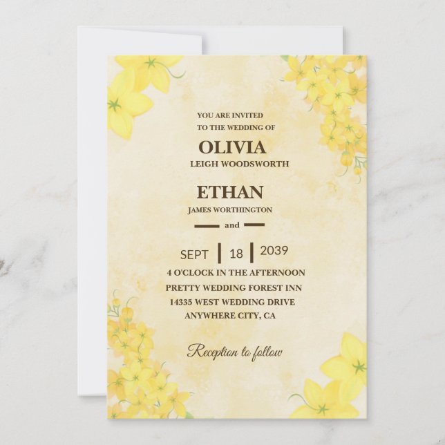 Yellow floral spring wedding invitation (Front)