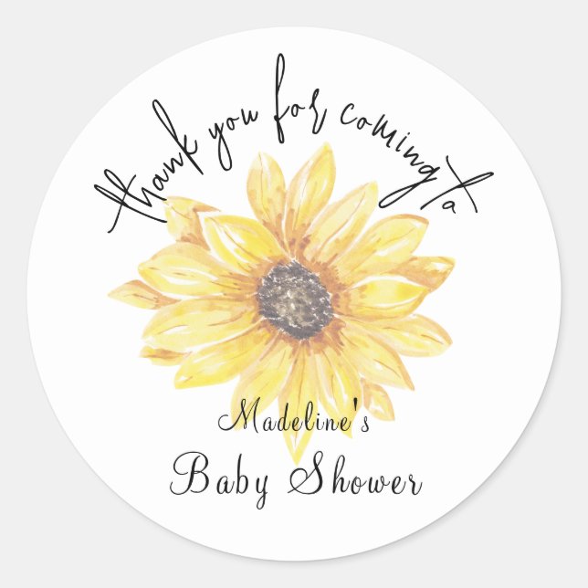 Yellow Floral Sunflower Baby Shower Thank You Classic Round Sticker (Front)