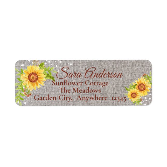 Yellow Floral Sunflower Burlap Address Label (Front)