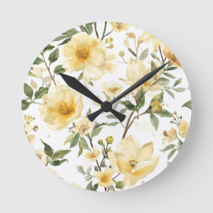 Yellow Floral Watercolor Botanical Garden Round Clock