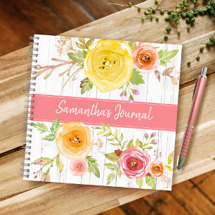 Yellow floral watercolor rustic wood custom square notebook