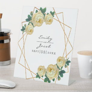 Yellow Floral Wed Elegant Gold Glitter Geometric Pedestal Sign