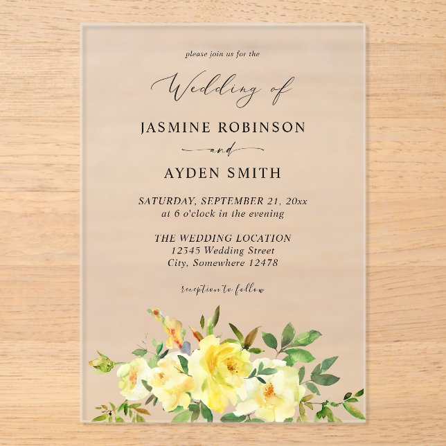 Yellow Floral Wedding  Acrylic Invitations (Front)