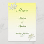 Yellow Floral Wedding Menu<br><div class="desc">This lovely yellow floral wedding menu just glows with the joy of the occasion.  The front is decorated with white daffodils set on a sunny golden yellow gradient.  A gorgeous bouquet of daffodils,  narcissus and white lilacs decorates the back.   All text can be customized to suit your individual occasion.</div>