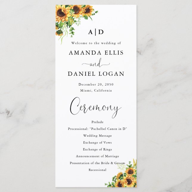 Yellow Floral Wedding Program (Front)
