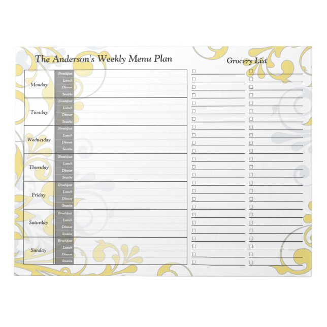 Yellow Floral Weekly Personalized Menu Planner Notepad (Front)