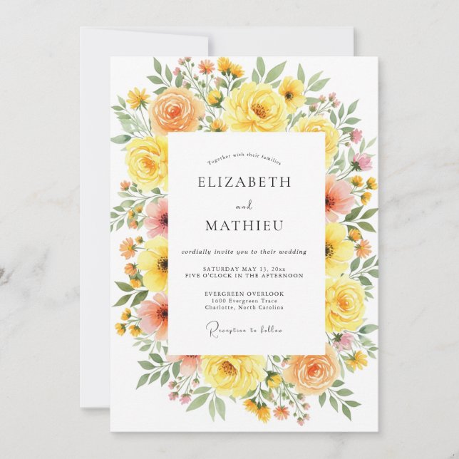 Yellow Floral Whimsical Wedding Invitation (Front)