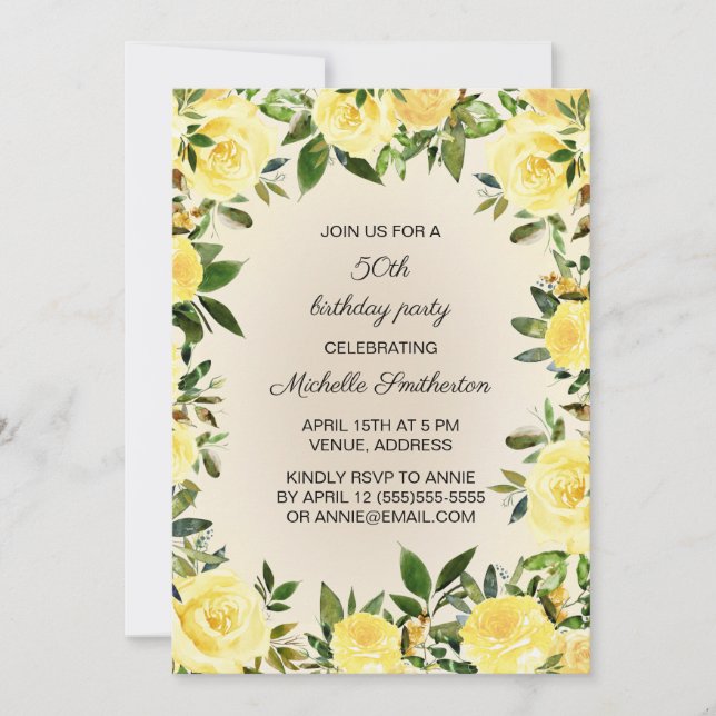 Yellow Floral Woman's 50th Birthday Party Invitation (Front)