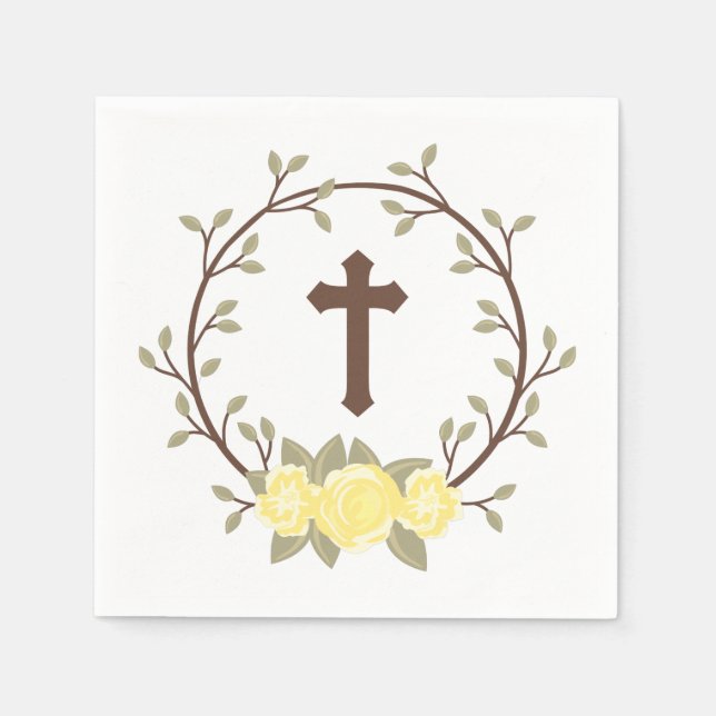 Yellow Floral Wreath Cross Baptism Christening Napkin (Front)