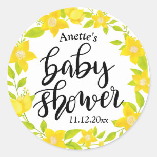 Yellow Florals   Handwritten Baby Shower Classic Round Sticker