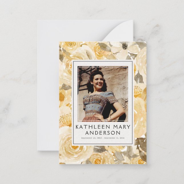 Yellow Florals Photo Funeral Memorial Prayer Card (Front)