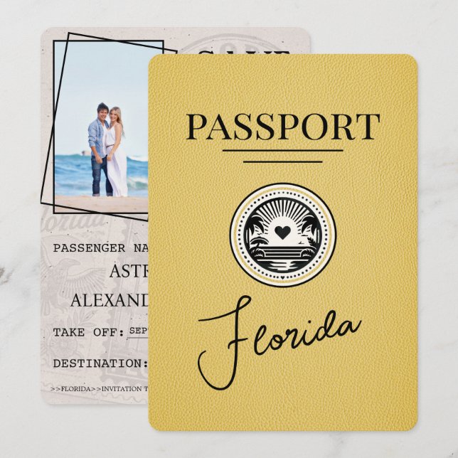 Yellow Florida Passport Save The Date (Front/Back)