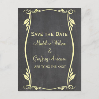 Yellow Flourish Chalkboard Save the Date Postcard