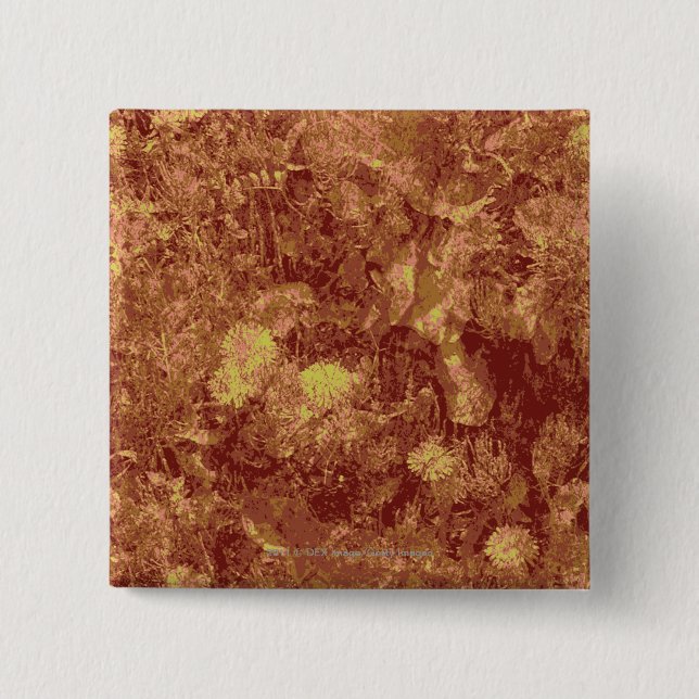 Yellow flower against leaf camouflage pattern 2 inch square button (Front)