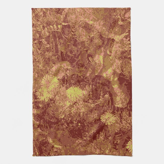 Yellow flower against leaf camouflage pattern kitchen towel (Vertical)