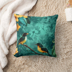 Yellow Flower and Bird Vintage Pattern Forest Throw Pillow