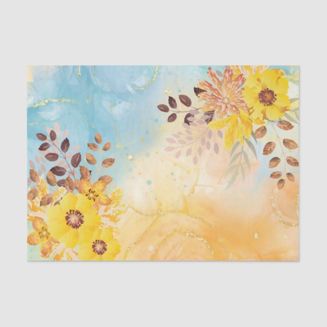 Yellow Flower Blue Marble Watercolor Decoupage  Tissue Paper (Front)