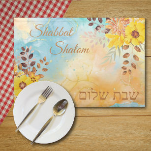 Yellow Flower Blue Marble Watercolor Shabbat Placemat