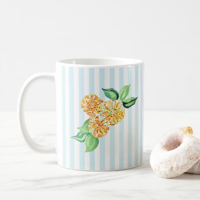 Yellow Flower Blue Stripe Coffee Mug (With Donut)