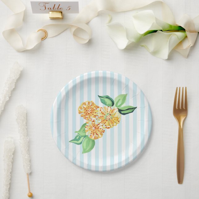 Yellow Flower Blue Stripe Paper Plate (Wedding)