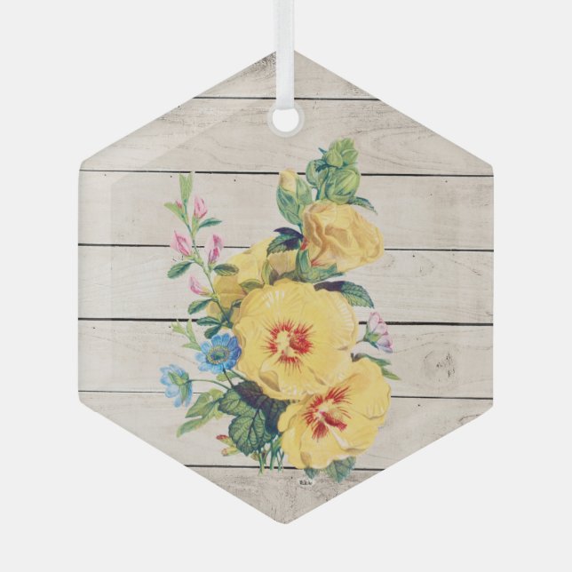 Yellow Flower Bouquet on Faux Weathered Wood Glass Ornament (Front)