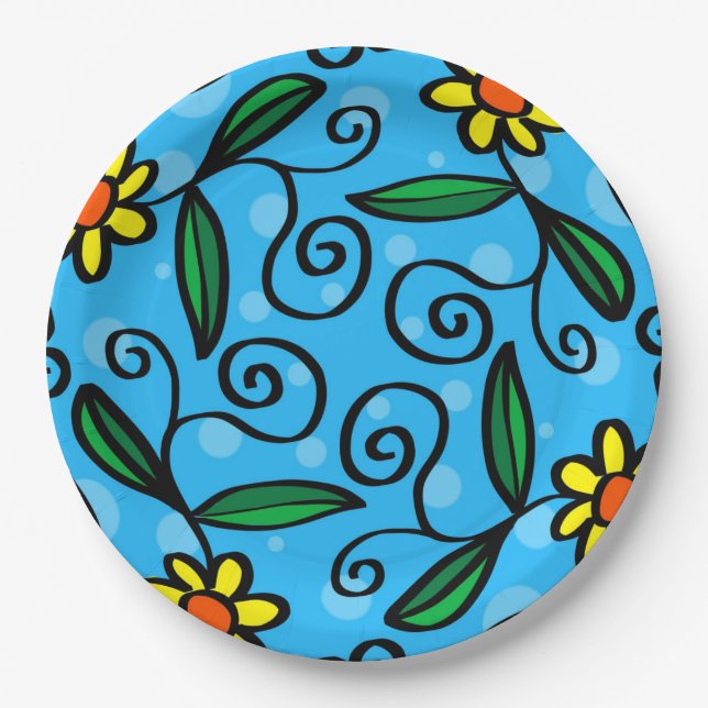 Yellow Flower Doodle Art Designs Paper Plates (Front)