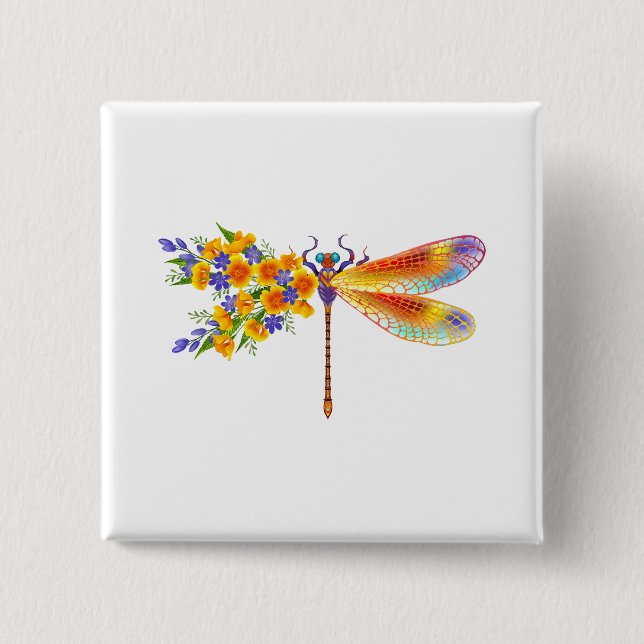 Yellow Flower Dragonfly 2 Inch Square Button (Front)